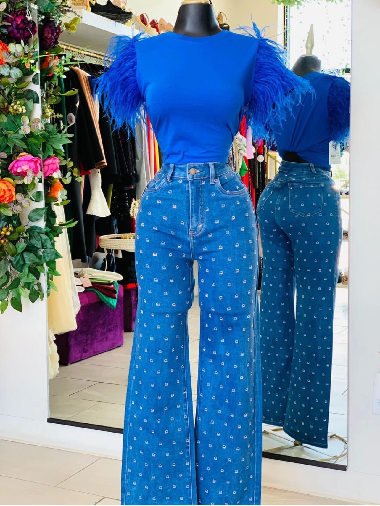 Wide leg rhinestones jeans