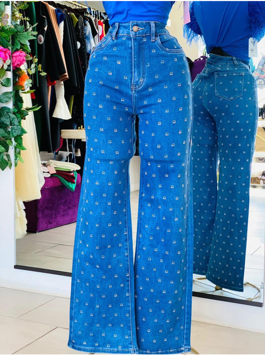 Wide leg rhinestones jeans