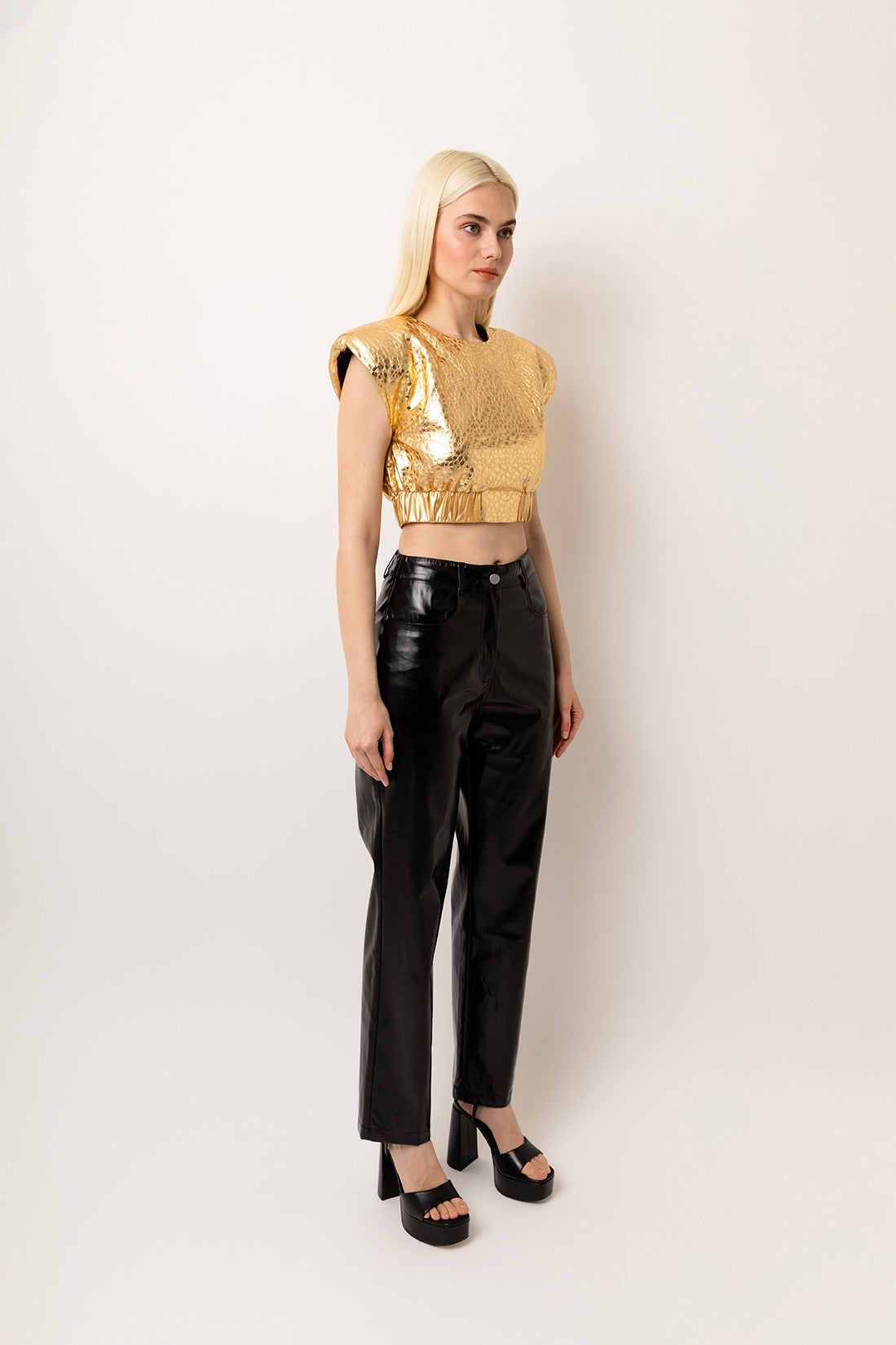Cloe Leopard Faux Leather Cropped Sleeveless Top