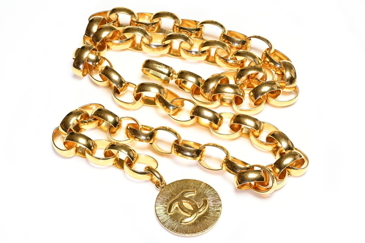 Vintage Chanel Paris 1980's Gold Plated Wide CC Starburst Medallion Chain Belt