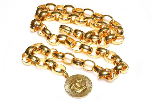 Vintage Chanel Paris 1980's Gold Plated Wide CC Starburst Medallion Chain Belt