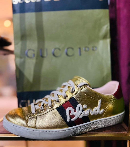 Preloved Metallic Gold ace blind for love lace up sneakers