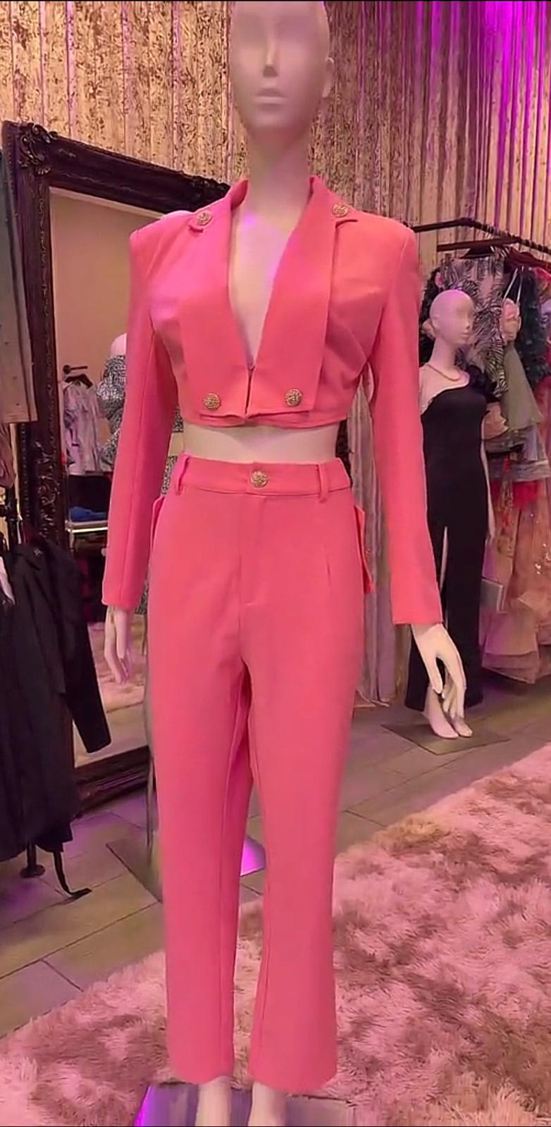Very pink cropped blazer and pant set