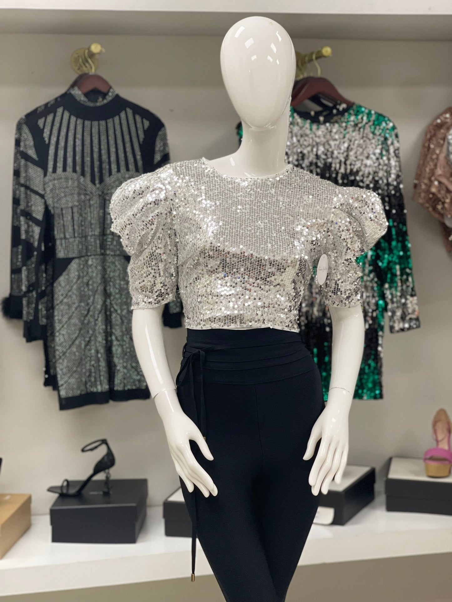 Silver Sequin Cropped Top