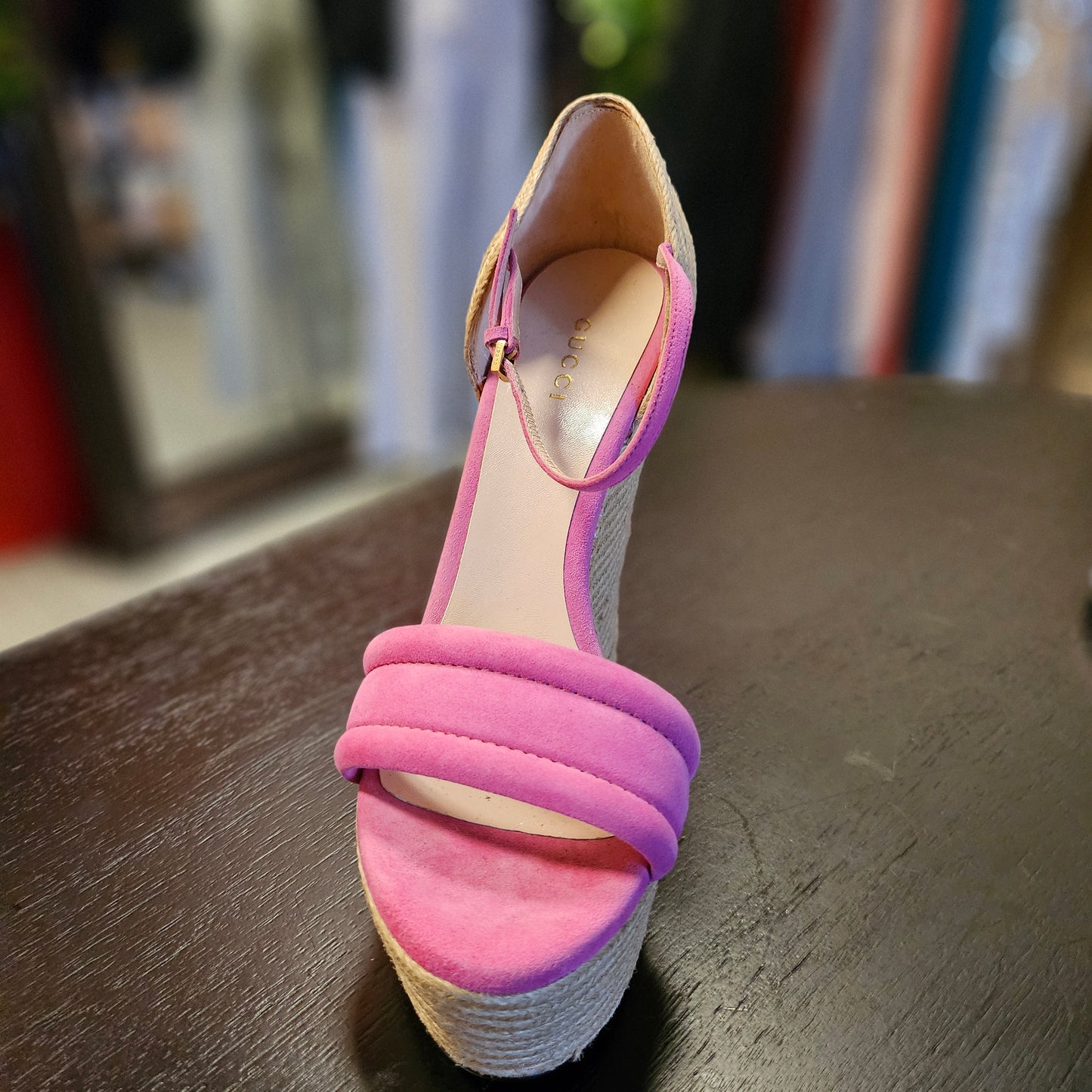 GUCCI SUEDE FLORAL EMBROIDERED WEDGE PLATFORM ANKLE STRAP