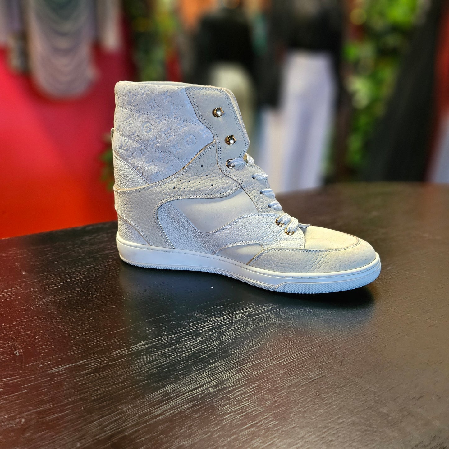 Louis Vuitton Beige Monogram Suede and Leather Millennium Wedge Sneakers