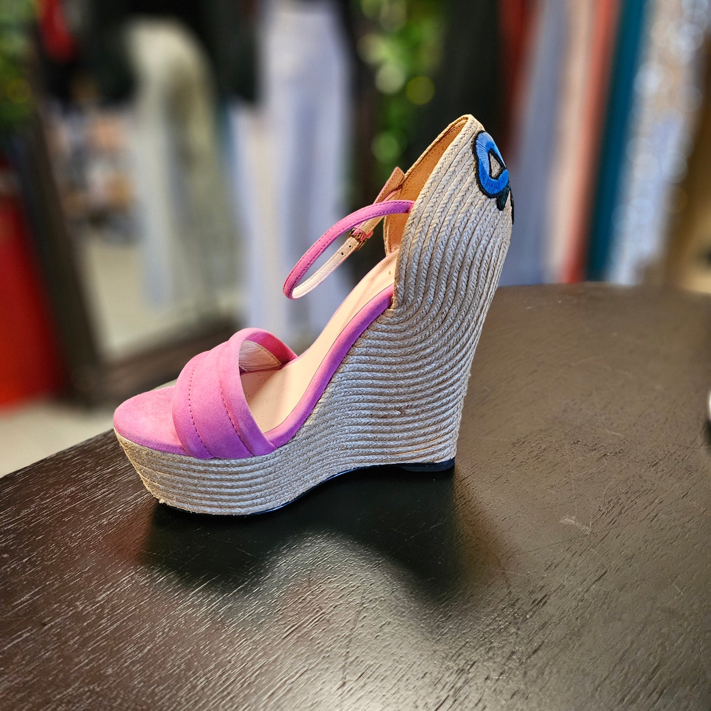 GUCCI SUEDE FLORAL EMBROIDERED WEDGE PLATFORM ANKLE STRAP