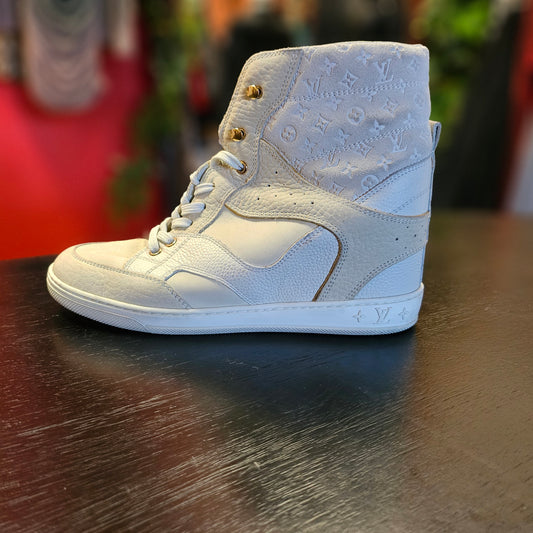 Louis Vuitton Beige Monogram Suede and Leather Millennium Wedge Sneakers