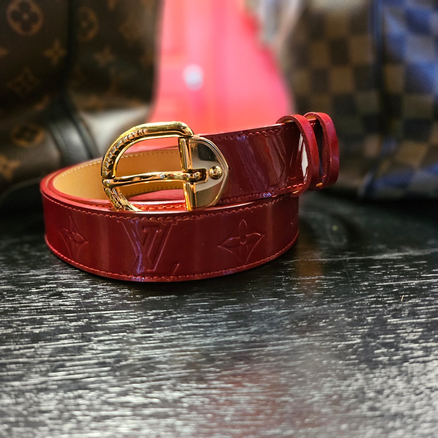 Louis Vuitton Monogram Vernis patent leather belt.